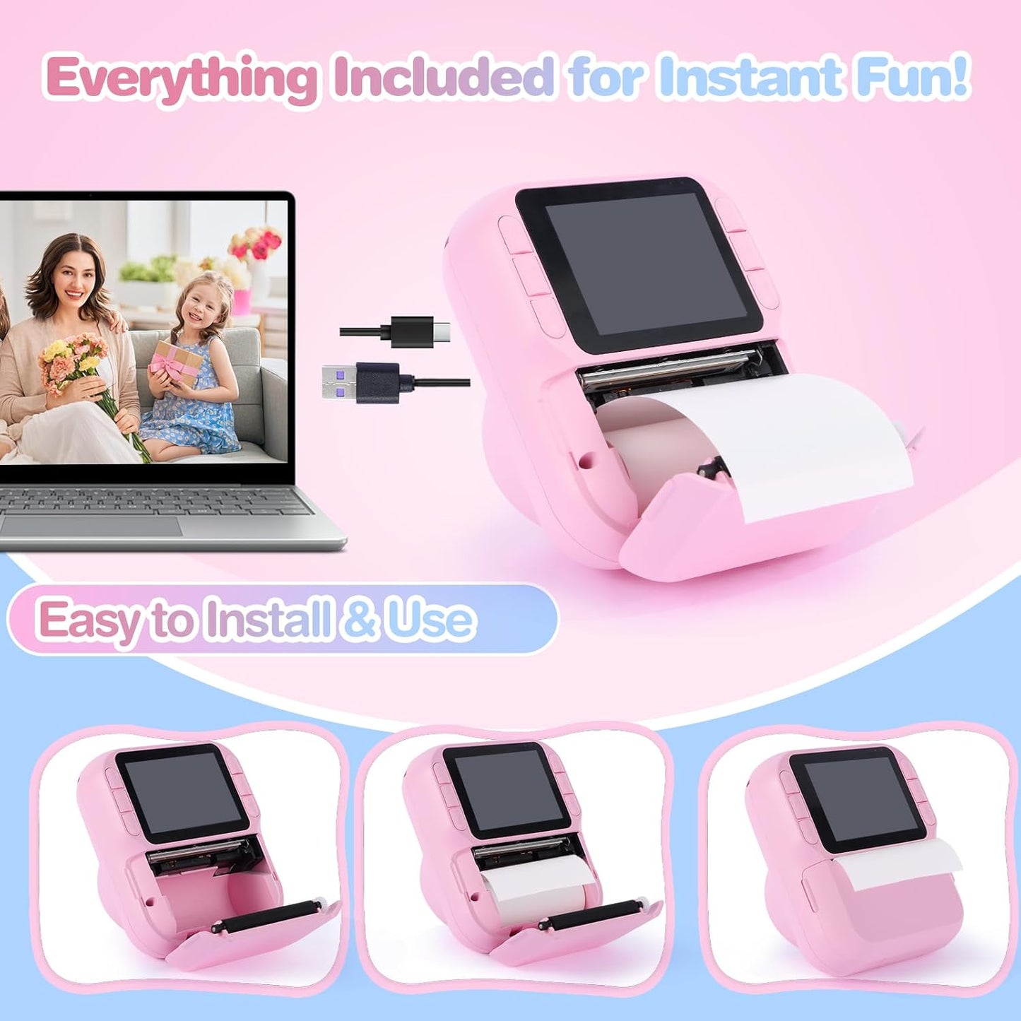 QMWLABS 1080P 32GB MP3 3-12 Kids Camera Instant Print Digital Camera with Thermal Paper, HD Video, Selfie Lens, SD