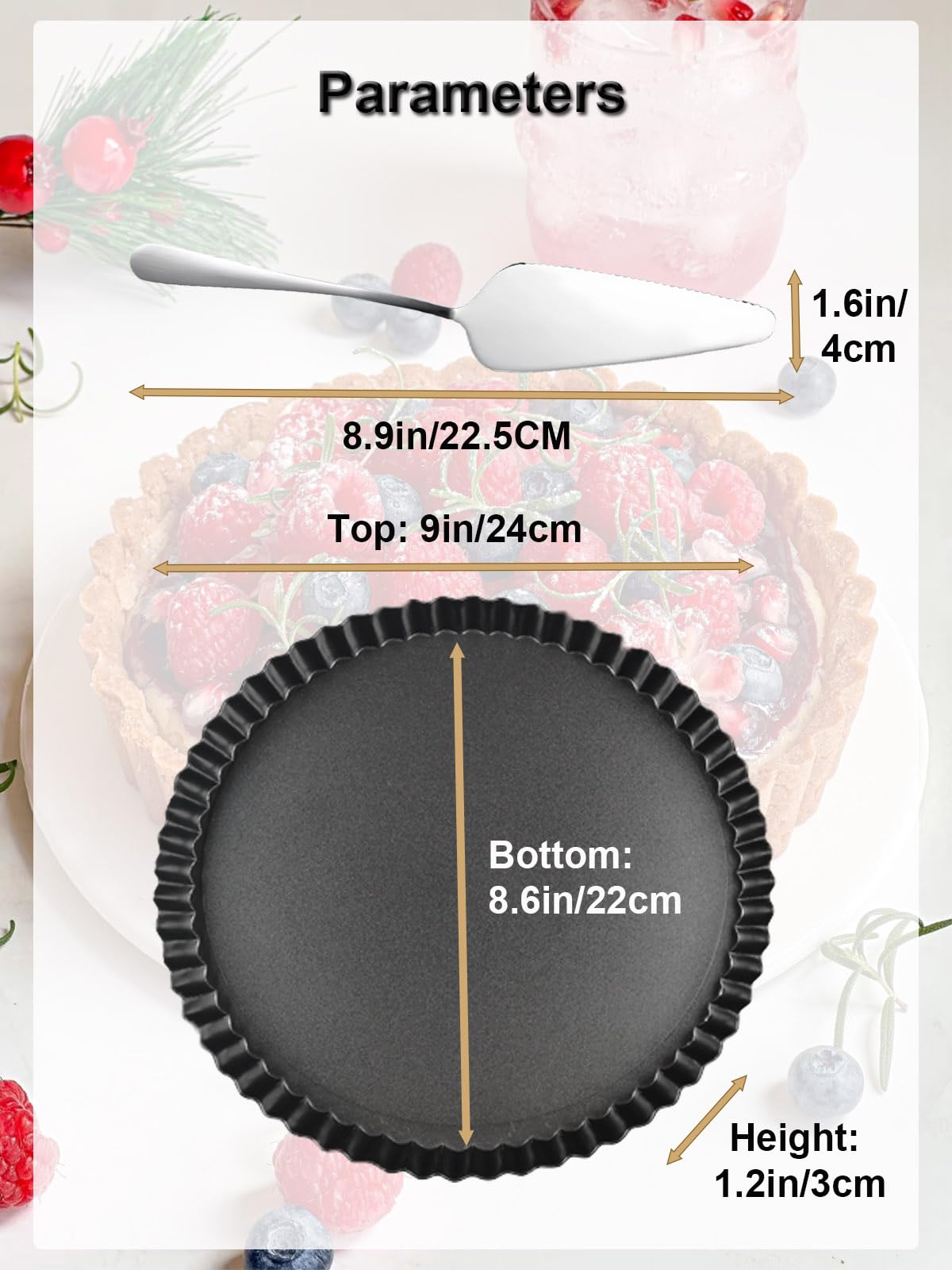 Yamteck 9 Inch Quiche Tart Pans with Pie Cake Server. Removable Bottom, Non-Stick Coating, Rugged Carbon Steel for Tart Quiche Baking. Gift for Women Wife Christmas Thanksgiving Party Festival Family