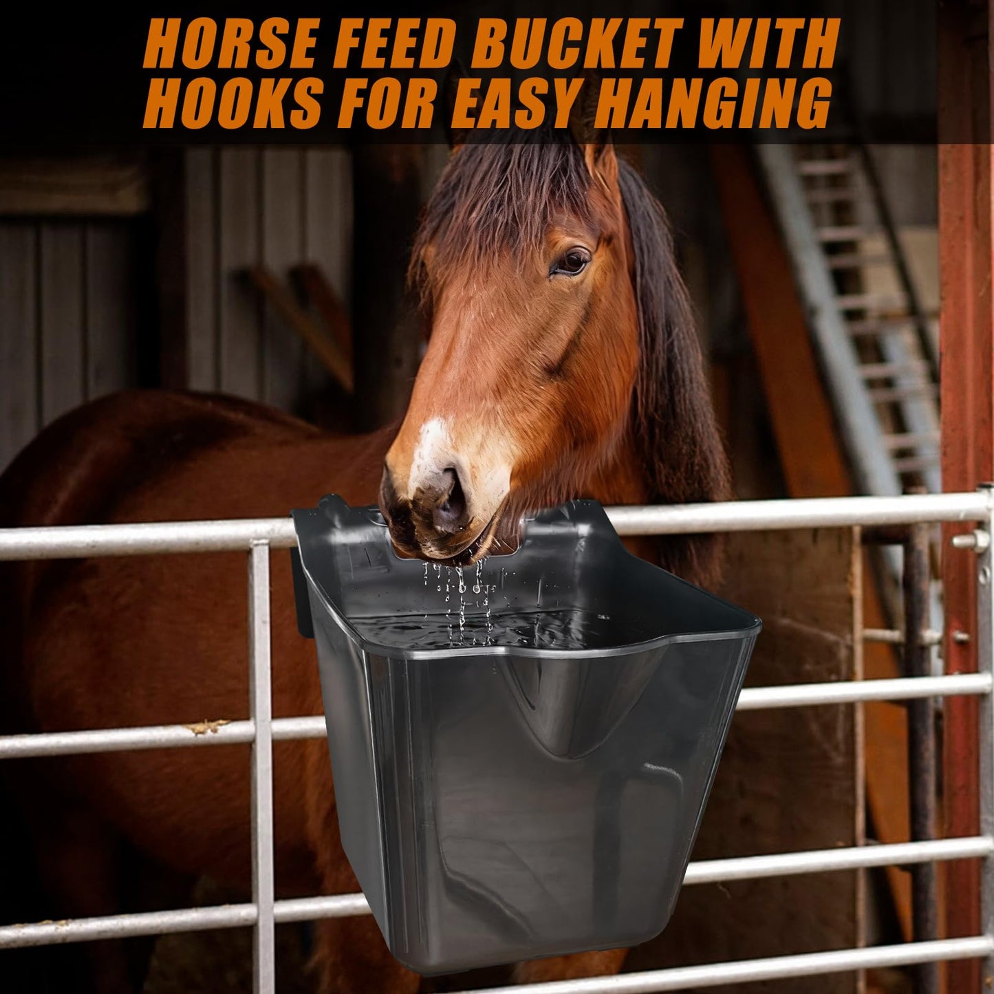 MIYABALA Horse Feed Bucket,15 Quart Plastic Hook Over Horse Feeder for Easy Hanging,Mountable Heavy Duty Livestock Feeders for Horses Sheep Cattle Cows (6)