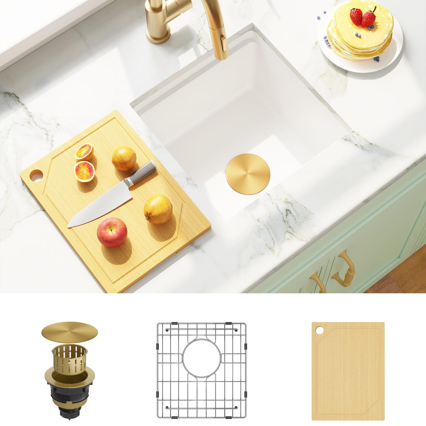 MILOSEN White Undermount Bar Sink, 16×16 Inch Small White Granite Composite Wet Bar or Prep Sinks with Cutting Board, 9 Inch Deep Outdoor Single Bowl Small Workstation Sink with Gold Accessories