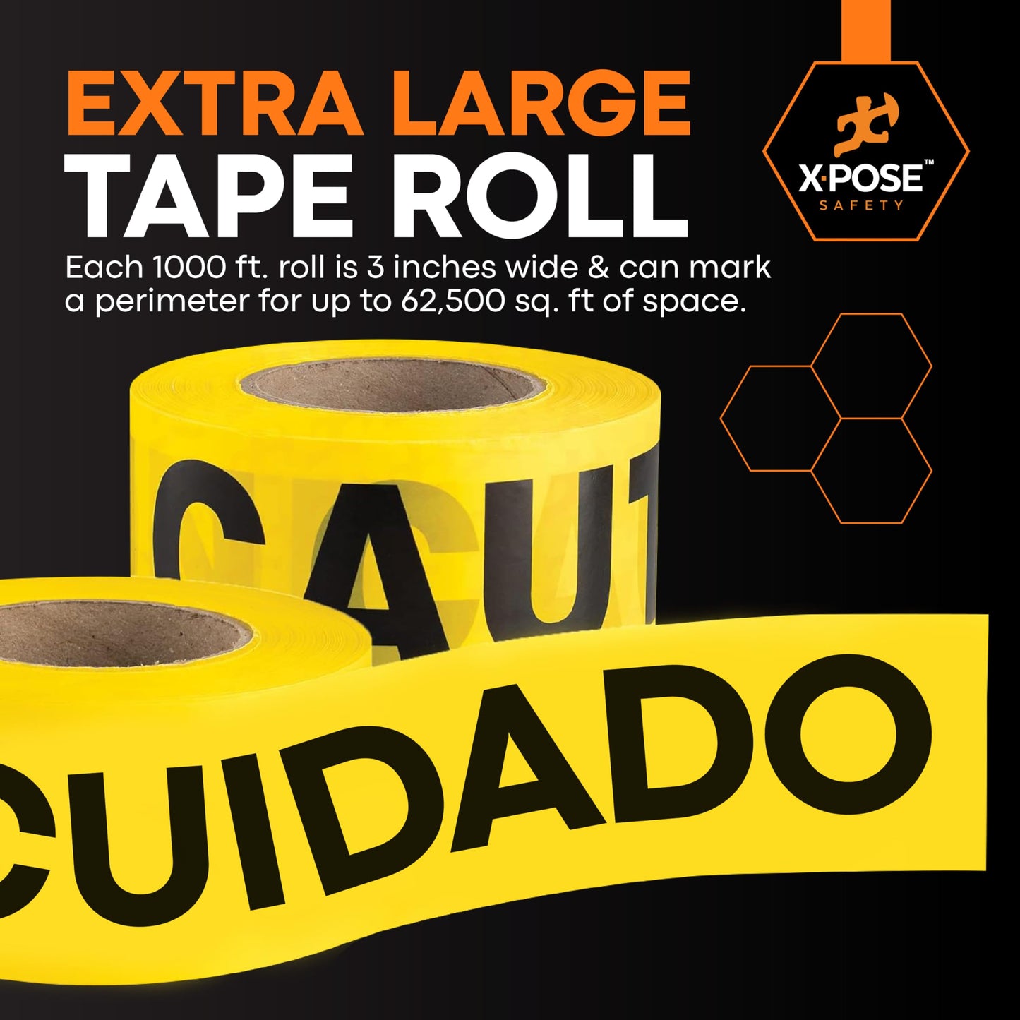 Xpose Safety Yellow Caution/Cuidado Tape – Bulk (24 Rolls) – 3" x 1000' High-Visibility Barricade Tape for Construction Sites, Hazards, Crime Scenes & Halloween Decorations
