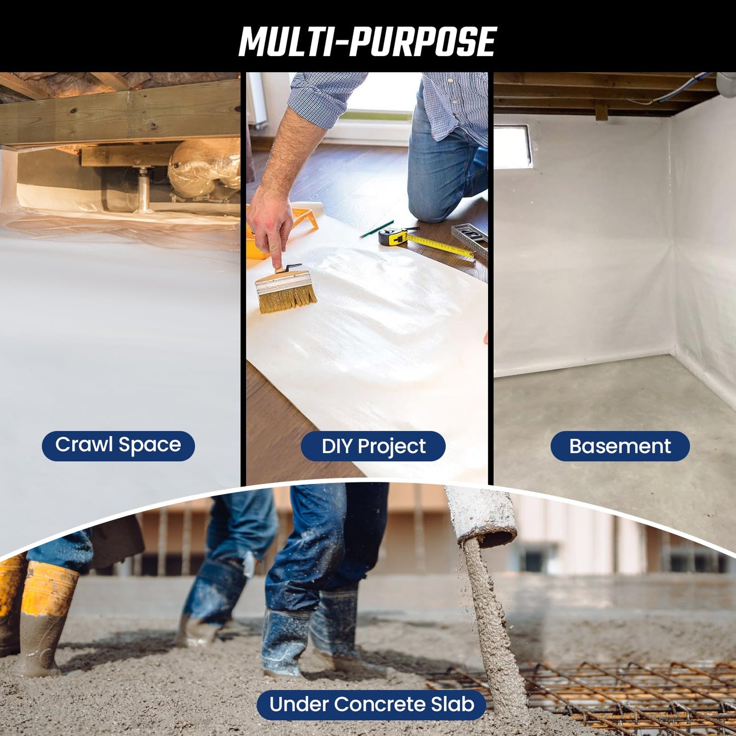 Crawl Space Vapor Barrier - 15 Mil Vapor Barrier - (12' x 100'), Tear Resistant, Heavy Duty Vapor Barrier Plastic, Drop Cloth Moisture Barrier Plastic Sheeting Covering for Crawlspace Encapsulation