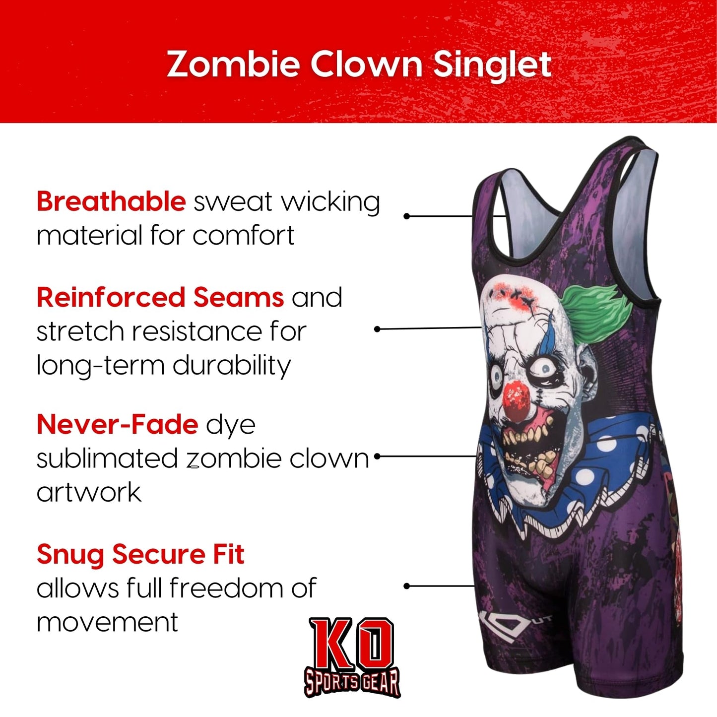 KO Sports Gear Unisex Wrestling Singlet for Youth Wrestlers - Wrestling Singlet for Boys & Girls - Bold Durable Uniform, Stretchy Breathable Material - Zombie Clown, Youth Medium