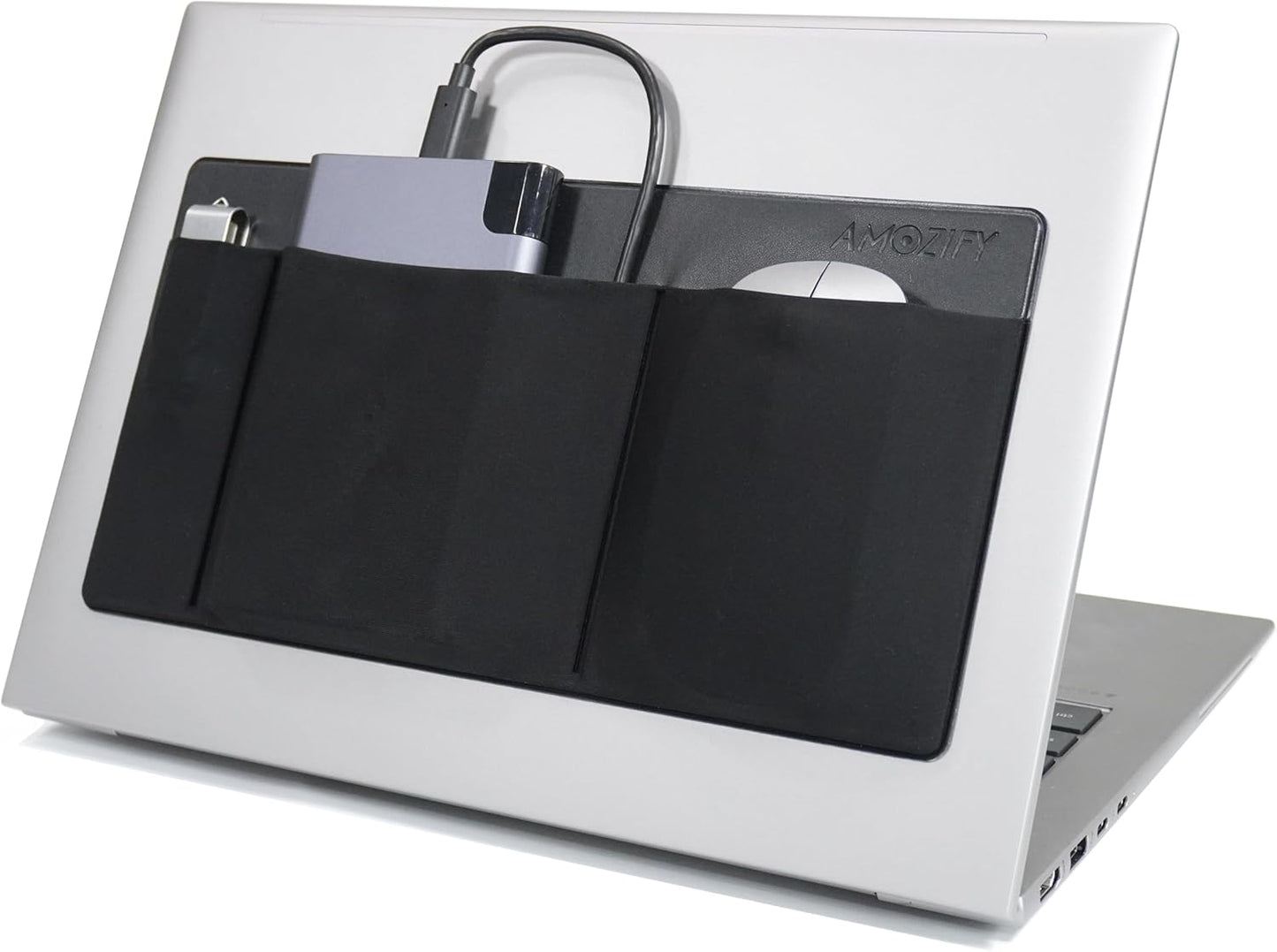 AMOZIFY 3-Pocket Organizer, Mouse Holder for Laptop Stick On, Adhesive Pouch & External Hard Drive Sleeve, SSD Storage