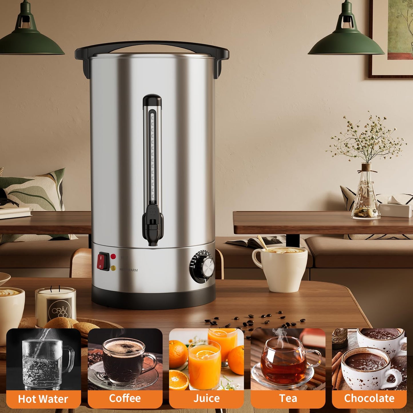 60 Cup Large Coffee Urn with Double Wall Insulation, 10L/2.6 Gallon Stainless Steel Commercial Electric Coffee Dispenser with Hot Drinks and Hot Water, for Weddings, Parties, Catering, and Buffets
