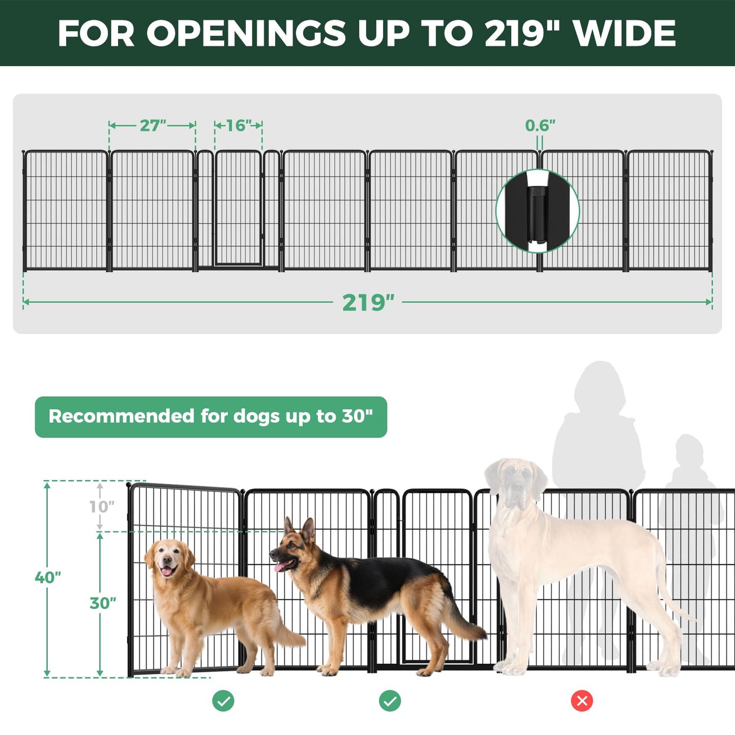 FXW Dog Gate Extra Wide Designed for Indoor Use, Adjustable Width Up to 219-inch Wide (40" H 8 Wire Panels for Medium and Large Dogs), Black