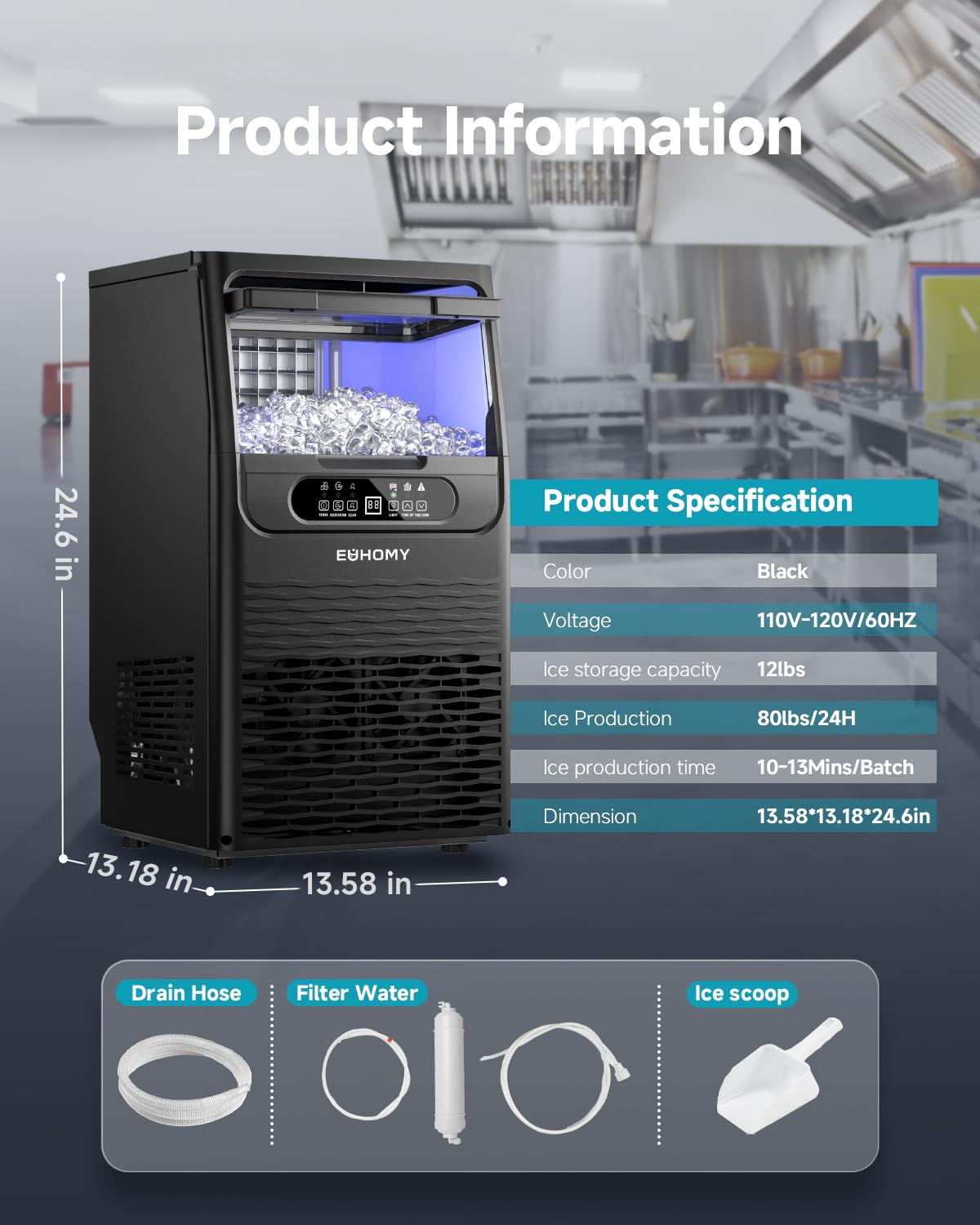 EUHOMY Commercial Ice Maker Machine,80lbs/24H,36 Ice Cubes in 8-12 Mins,Under Counter Ice Maker with Water Filter,12lbs Storage Capacity,Freestanding Ice Machine for Home/Bar/Cafe/Restaurant