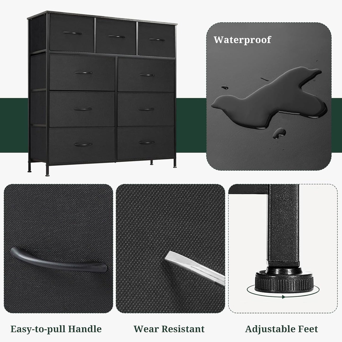 Regine Switzerland 9-Drawer Dresser - Anti-Tip Storage Organizer with Wooden Top & Metal Frame | Black