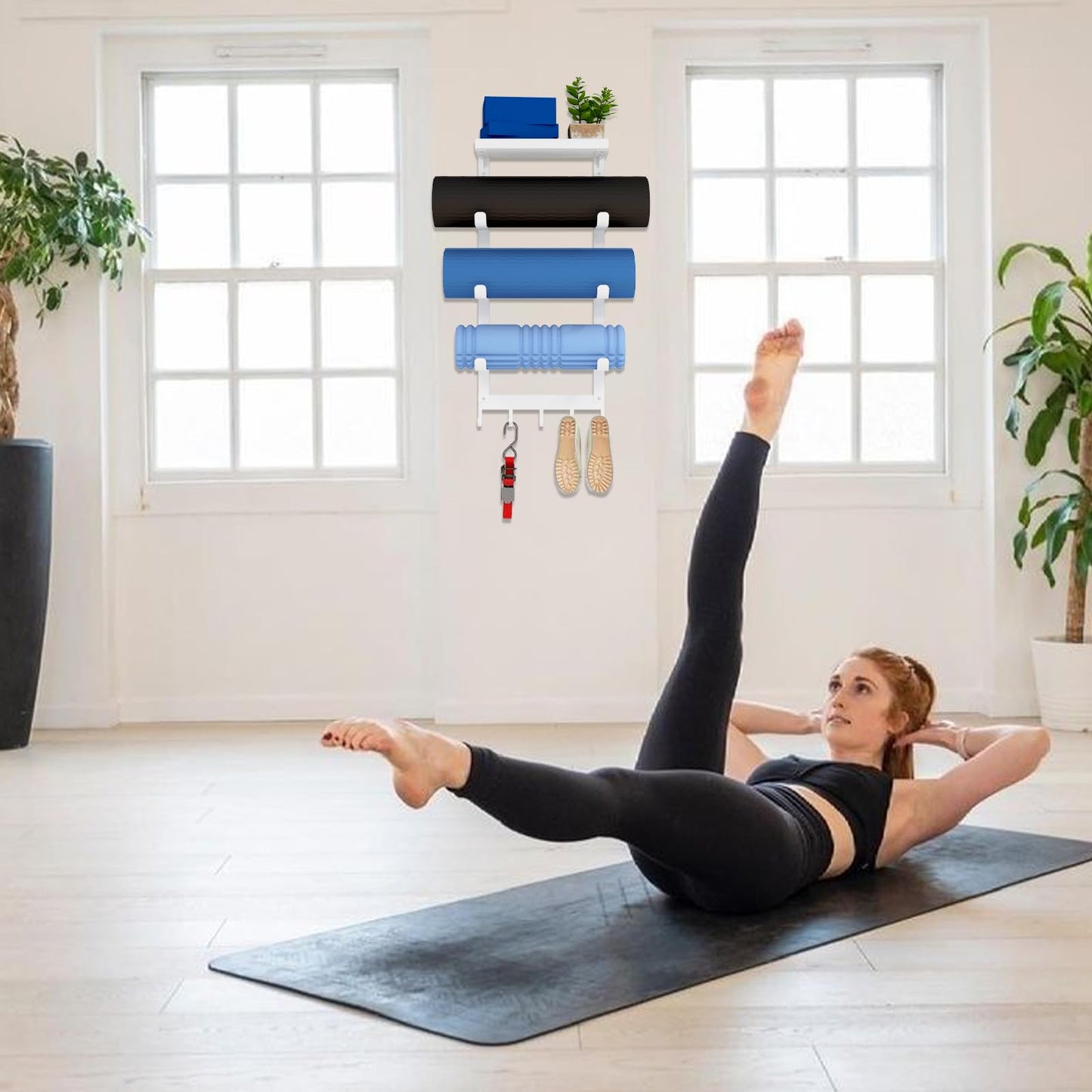 LSK Yoga Mat Holder Wall Mount, White Yoga Mats Storage Rack, Home Gym Storage with Metal Floating Shelf for Storing Fitness, Yoga Mat Rack with 5 Hooks for Hanging Foam Rollers and Resistance Bands