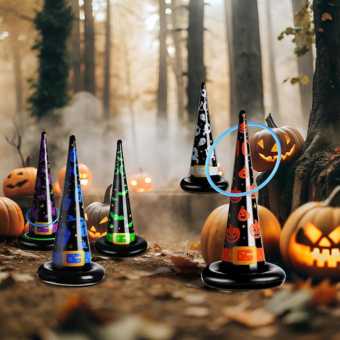 Skylety 31 Pcs Halloween Party Favor Inflatable Witch Hat Ring Toss Including 10 Inflatable Witch Hats 20 Plastic Ring Toss for Carnival Halloween Party Favor Indoors Outdoor
