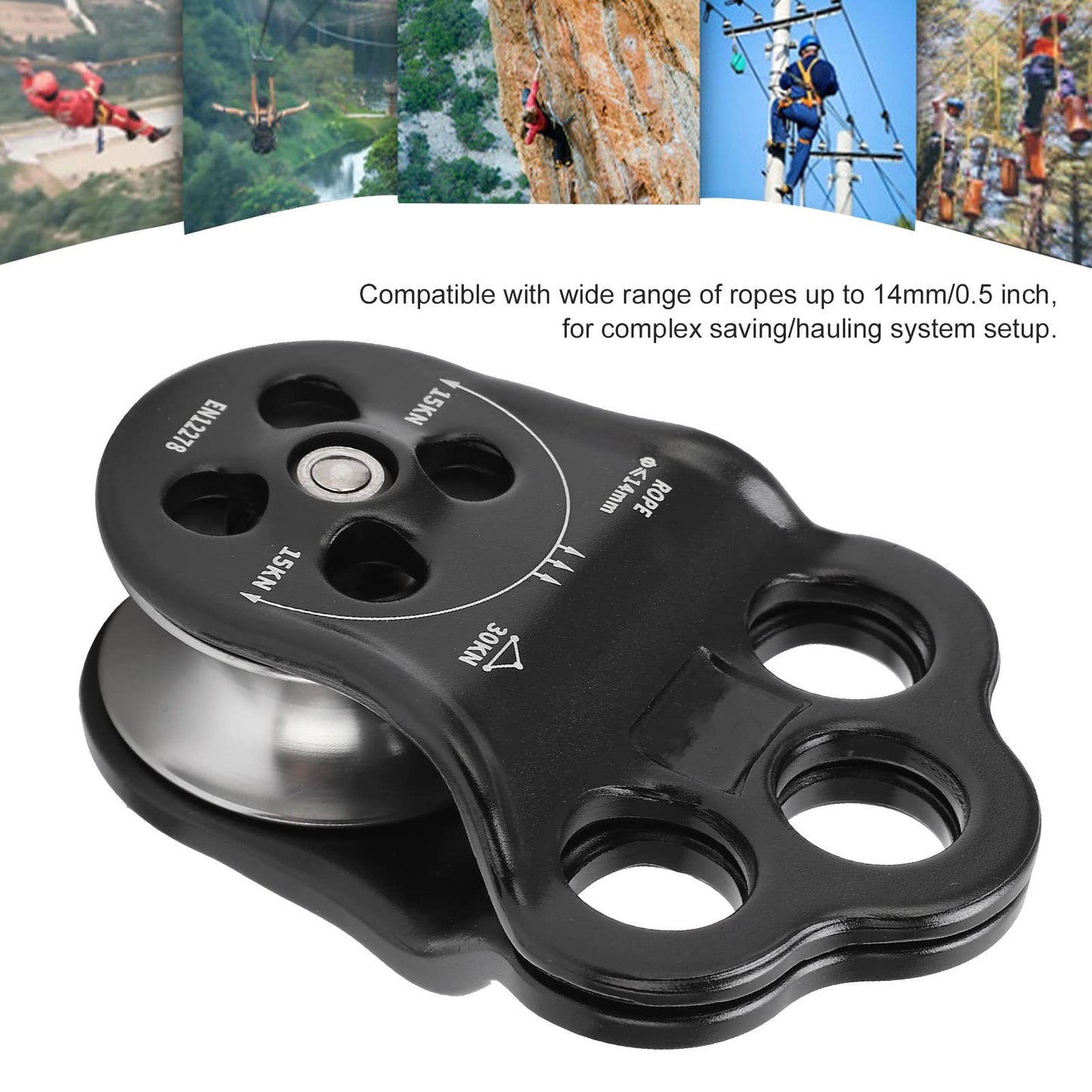 Climbing Pulley Climbing, 30KN Three Hole Side Plate Pulley Rope Climbing Pulleys for Rope, Rock Climbing, Rappelling, Zipline Sports, Compatible with up to 0.5in Ropes