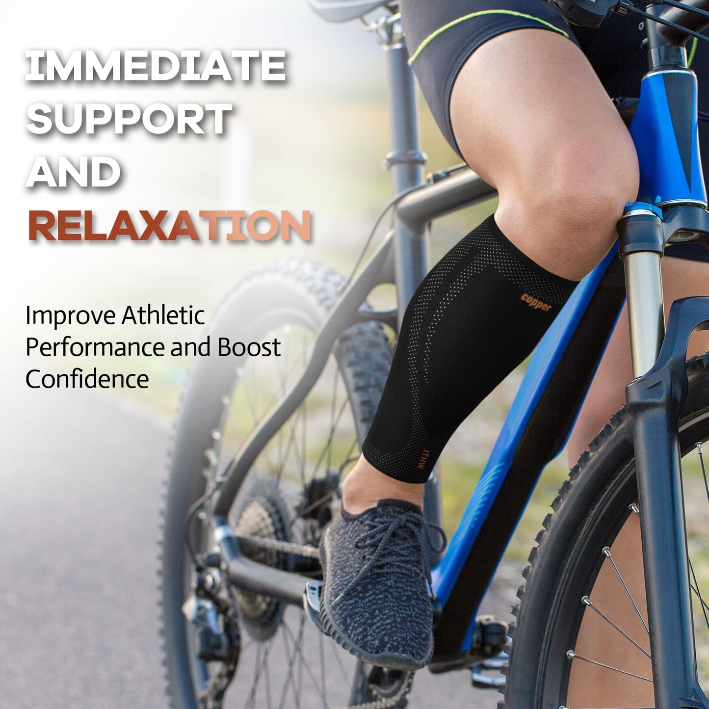 Copper Calf Compression Sleeves for Men & Women - Premium High Stretch Graduated Compression with Anti-Slip Grip | Breathable & Smooth Lining Footless Design for Runners, Shin Splints, Leg Fatigue & Travel (1 Pair)