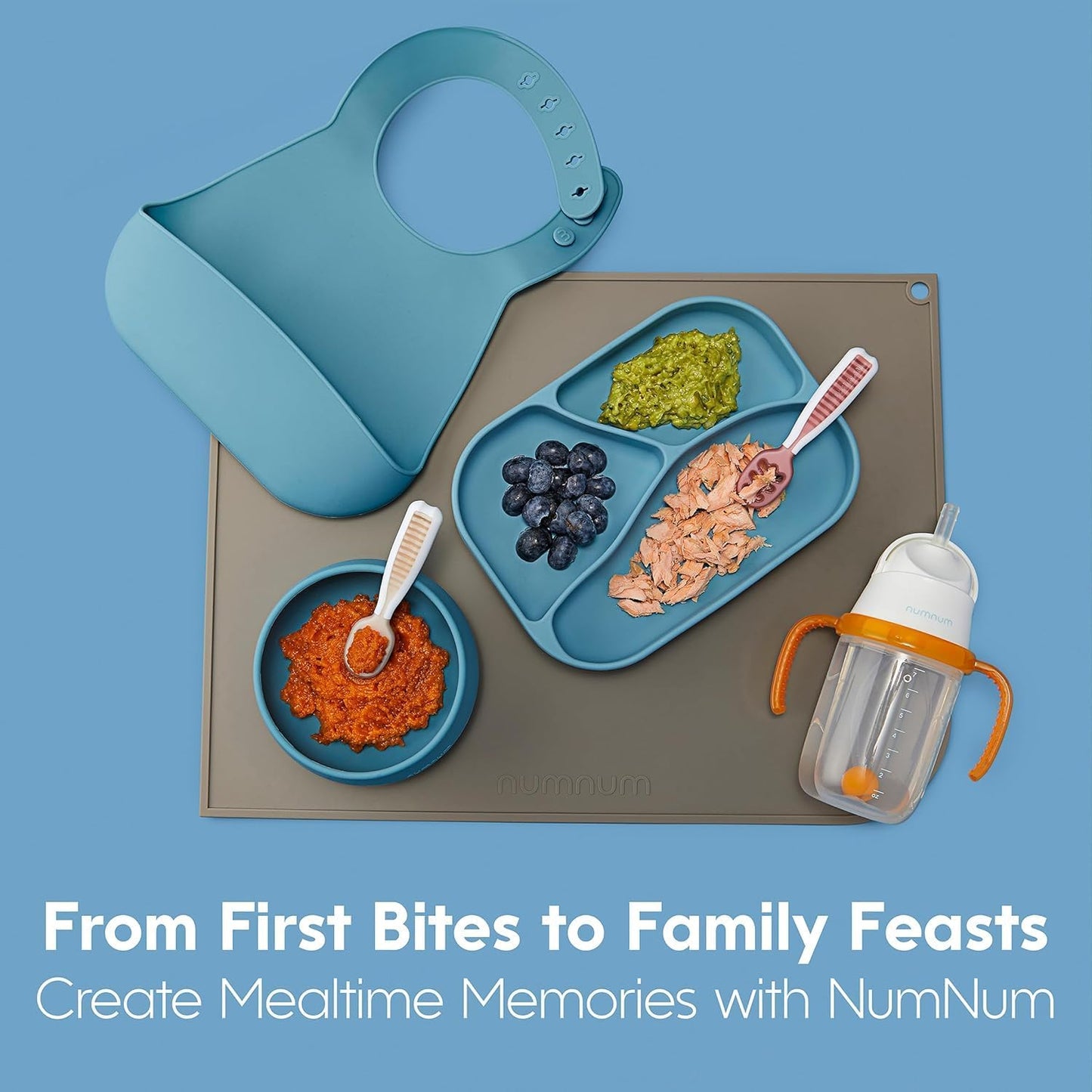 NumNum Baby Spoons Set - GOOtensils for Self-Feeding | BPA-Free Silicone Utensils for 6+ Months, 2 Pack Blue/Orange