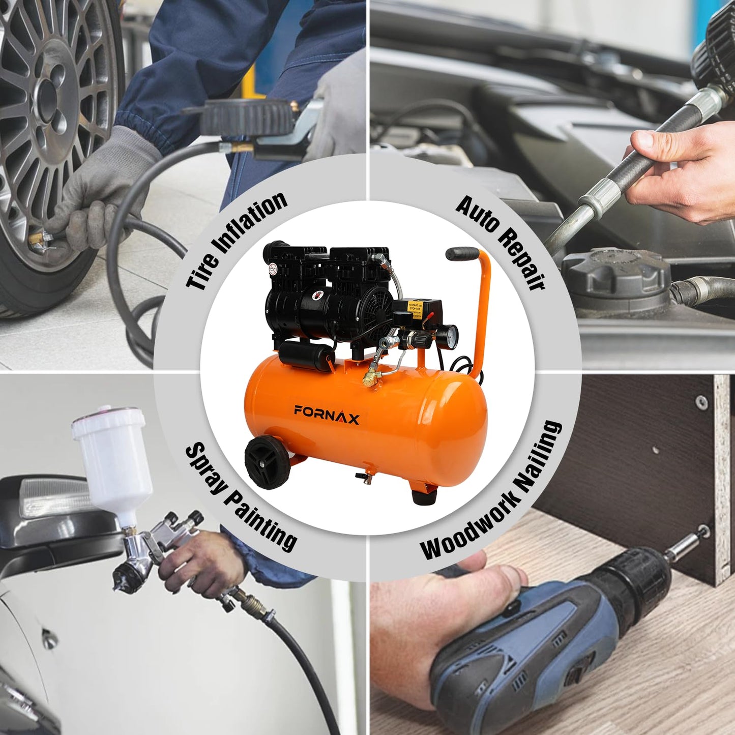 FORNAX Portable Air Compressor 6.4 Gallon, 1 HP 2.2CFM@ 90 PSI Oil Free Air Compressor, Max Pressure 125 PSI, 65 dB Quiet Compressor for Auto Repair, Tire Inflation, Spray Painting, Woodwork Nailing