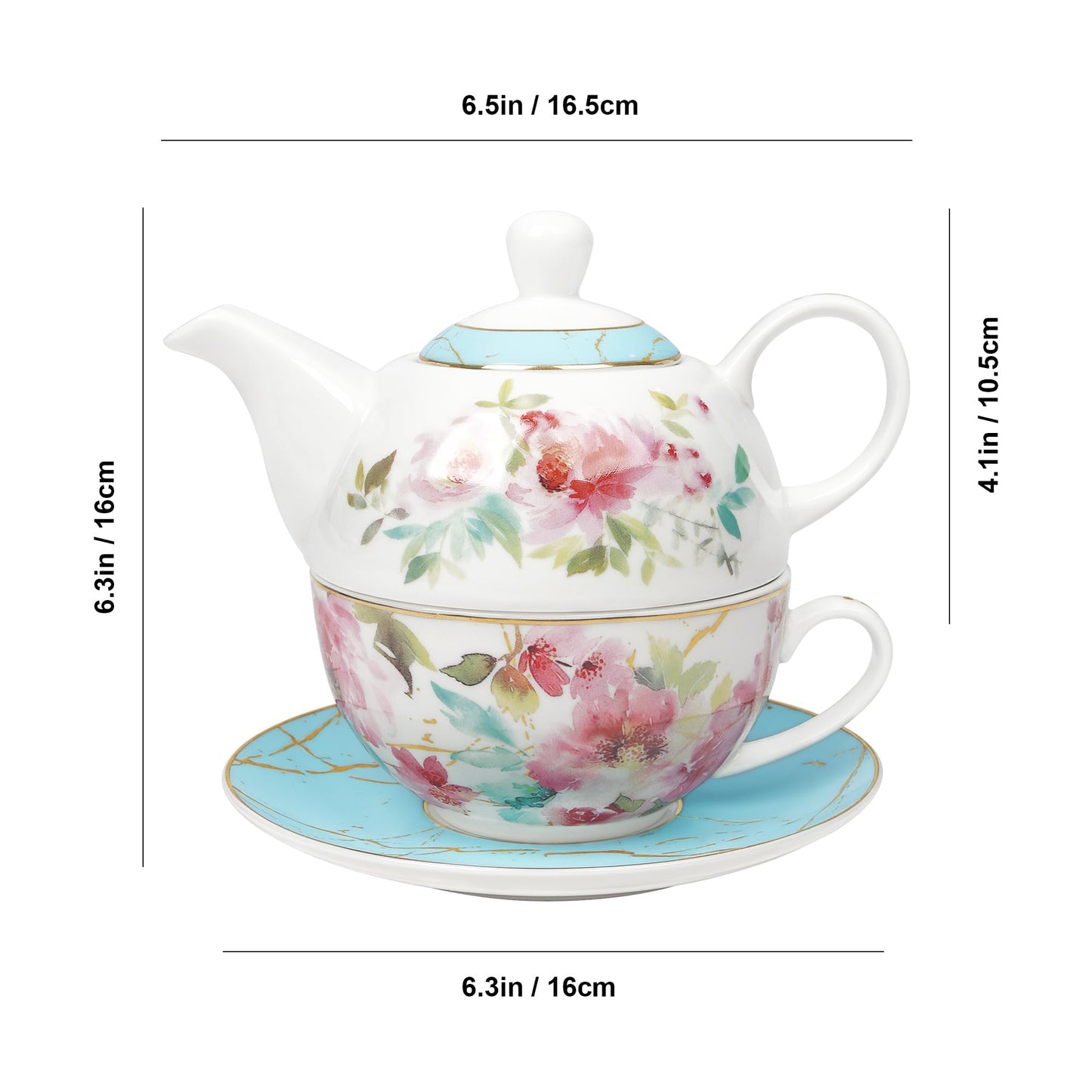 fanquare Pink Floral Teapot, Tea Cup and Saucer Set with Gold Trim, Porcelain Tea for One Tea Set for Gift, Blue