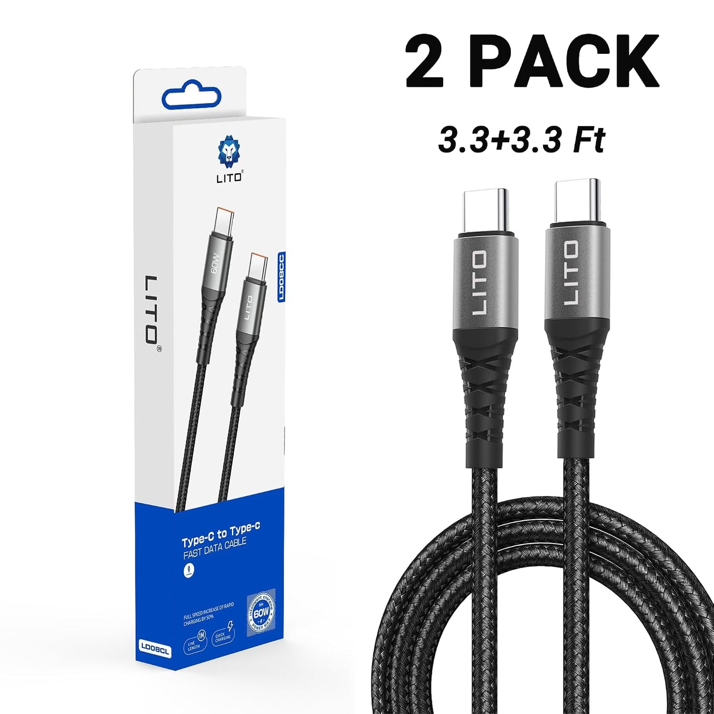 2-Pack 3.3FT, 60W 17 16 15 S25 S24, LITO USB C to USB C Cable PD Fast Charger for iPhone Pro Max, Samsung Galaxy iPad