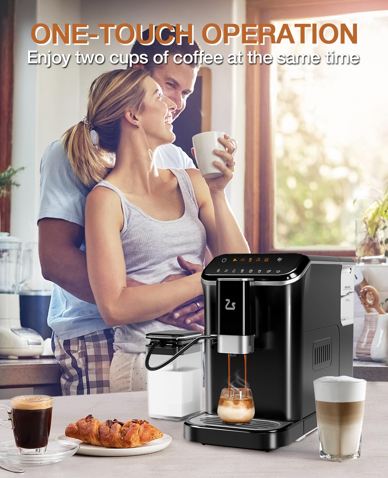 Super Automatic Espresso Machine & Coffee Maker, 20Bar Pressure, Built-in Conical Burr Grinder & Milk Frother, 6 One-Touch Recipes, Auto Clean, 1.5l Water Tank, for Home Office, 120v, Black&Silver