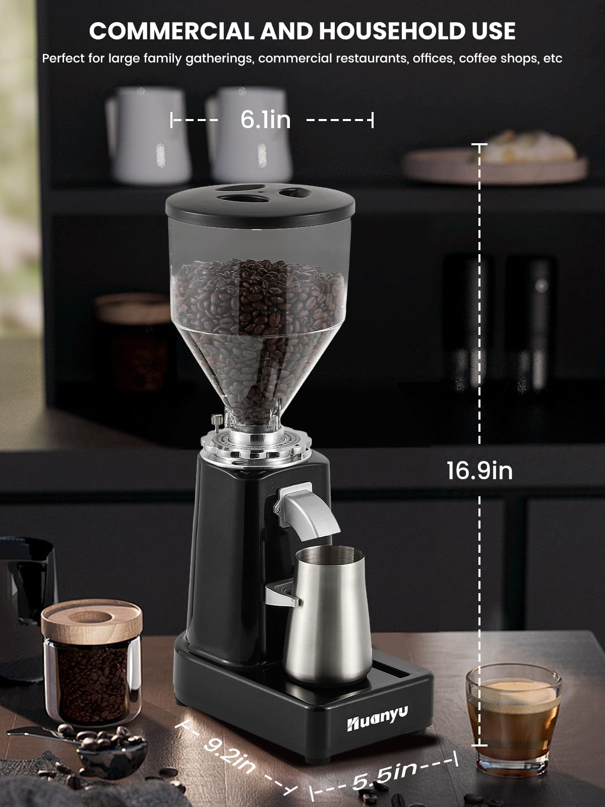 Huanyu Burr Coffee Grinder- Stainless Steel Flat Burr, 19 Precise Grind Settings, 35oz Capacity and Dual Dosing for Espresso, Pour Over, French Press, Black