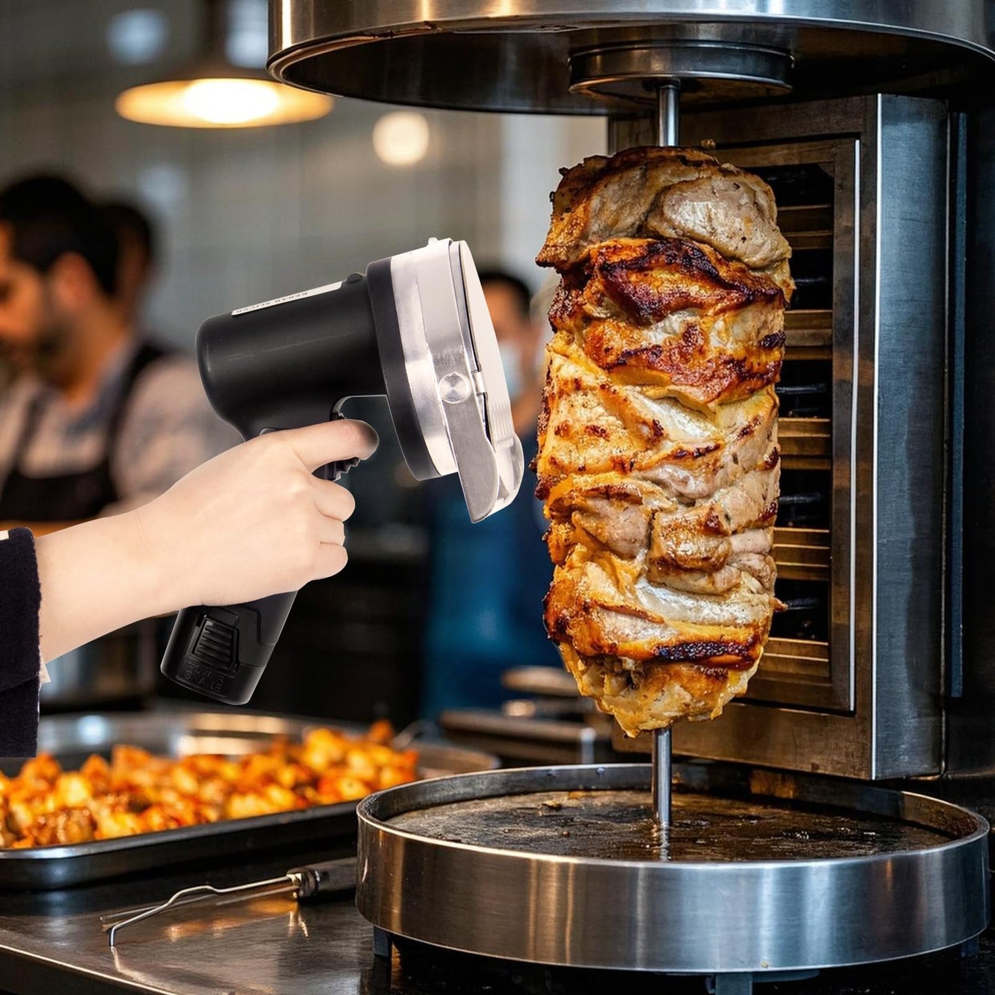 RISMANOR Electric Kebab Knife 80W Commercial Shawarma Turkish Knife Slicer Gyro Cutter 2800 RPM with 2 Blades Adjustable Thickness 0-8mm(Batteries,Wave)