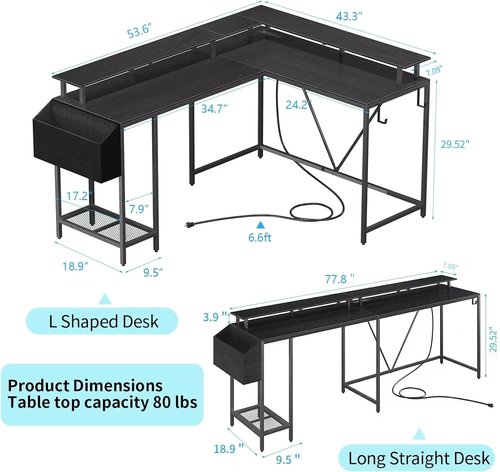 Eivanet L Shaped Gaming Desk with Power Outlets and LED Lights, 53 inch Cornor Computer Desk with Storage Shelves, Gamer Desk with Storage Bag and Hooks Home Office Table for Bedroom Living Room Black