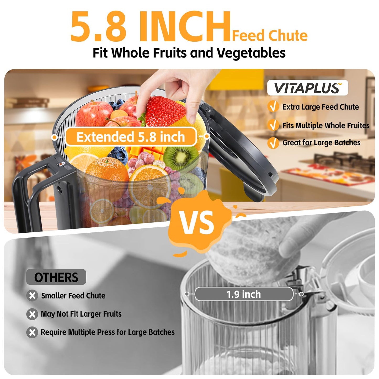 VITAPLUS Stainless Steel Auger Cold Press Juicer, AC Motor Slow Masticating Juicer, Plastic-Free Extractor for Whole Fruits & Vegetables, 5.8" Wide Chute, BPA-Free, Easy to Clean, FDA21 CFR Tested