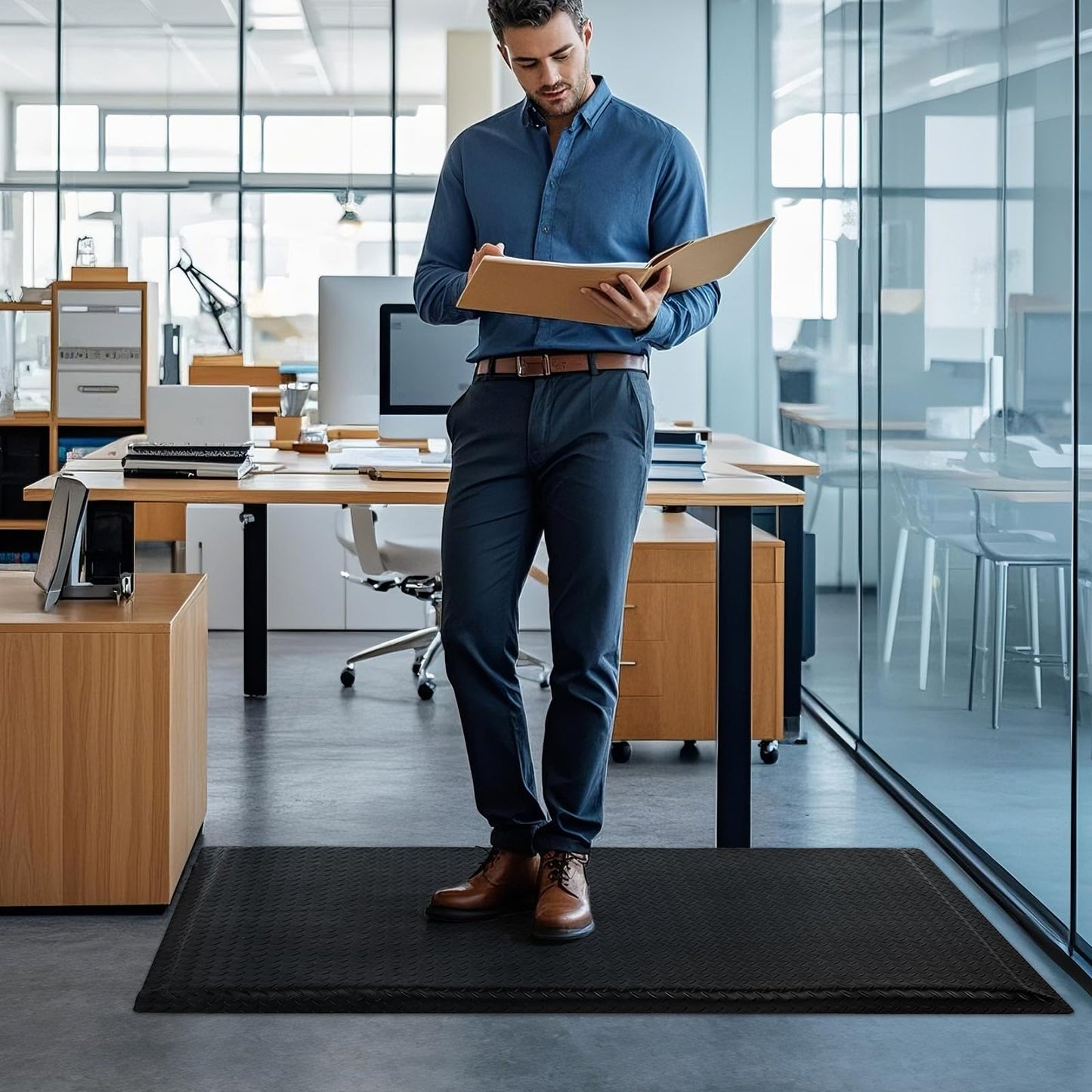 GOOFCXO 3 x 7 FT Anti Fatigue Mats Industrial 15/16 Inch Thick Soft Sponge Ergonomic Mat Durable Heavy Duty Diamond Plate for Standing Non Slip Industrial Grade Floor Mat for Leg & Back Pain Black
