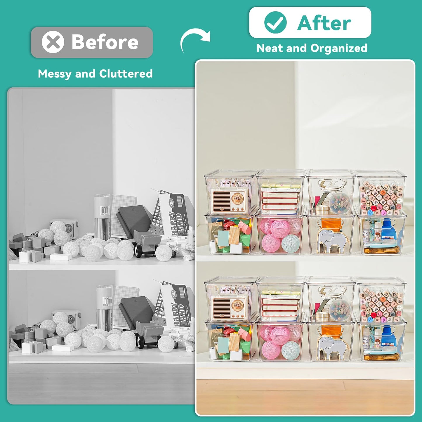6 Pack Small Clear Storage Bins with Lids, Acrylic Arts and Craft Storage Containers, Stackable Clear Plastic Craft Storage Bins with Handles for Pantry Organizers and Storage, Kitchen, Fridge, Office
