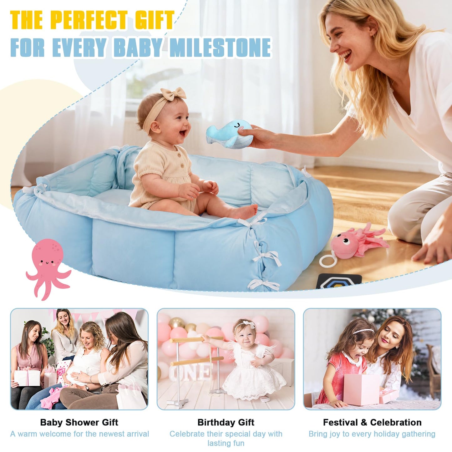 5-in-1 Tummy Time Mat Baby Activity Gym with Cartoon Pattern, Extra Thick Plush Play Floor Mat, Featuring Hanging Toys, Sensory Development Gym & Lovely Gift for Newborn Baby, Whale