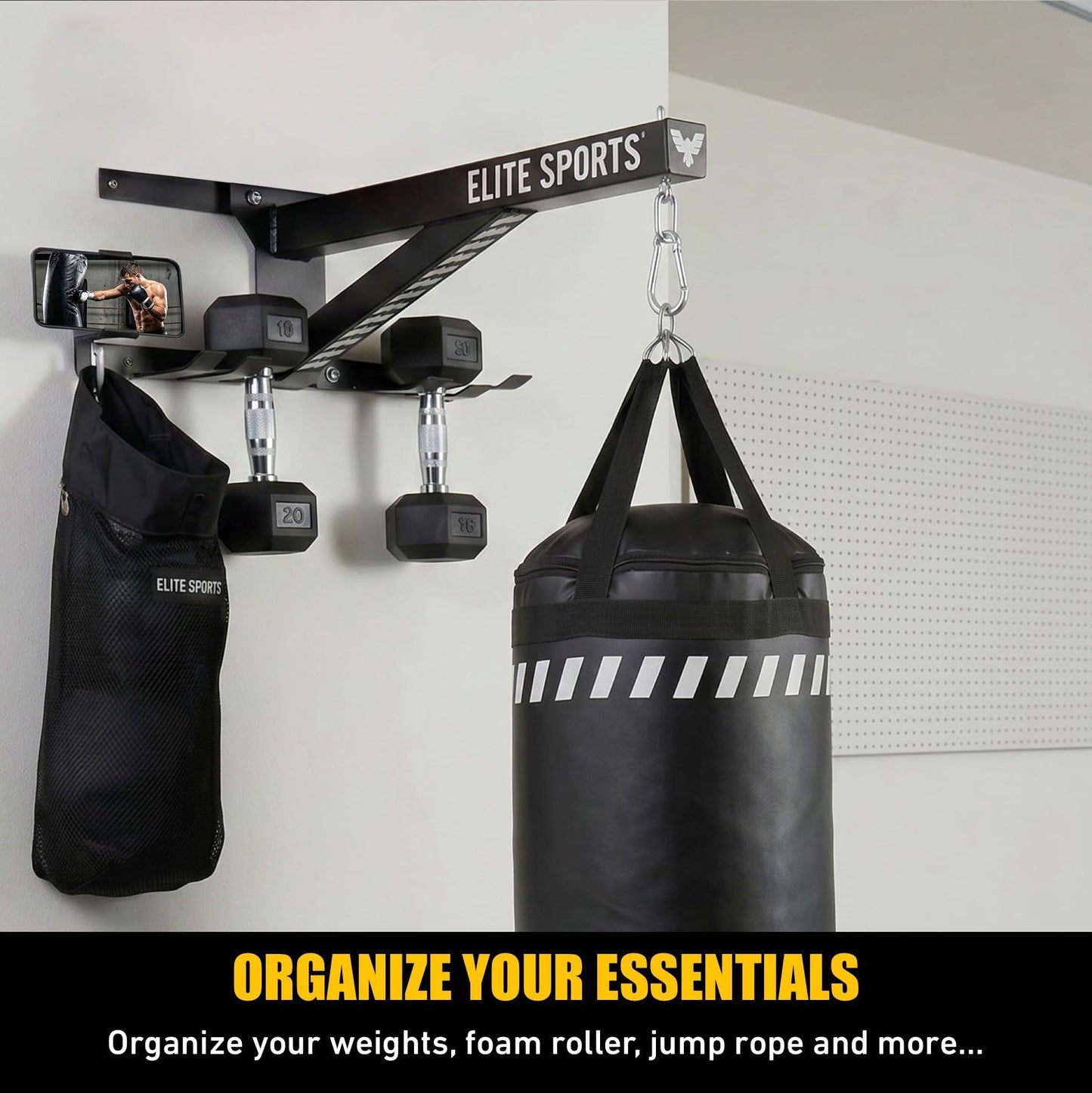 Elite Sports Heavy Duty Wall Mount Punching Bag Hanger, Fixed Stainless Steel Boxing Bag Bracket with Phone Holder, Jump Rope & Dumbbell Hooks, for MMA, Muay Thai, Kickboxing, Gym & Home Training