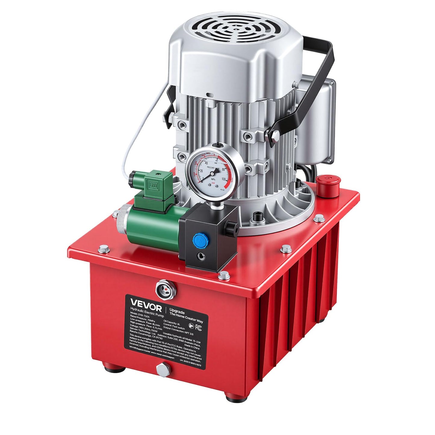 VEVOR Electric Driven Hydraulic Pump, 750W 10,000 PSI, 120V Single Acting Hydraulic Pump Power Pack Unit, Solenoid Valve with Pedal Switch, 2.1 Gal / 8L, for Punching, Bending, Single Acting Cylinders
