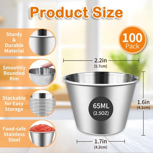 Ayearparty 100 Pcs 2.5oz Metal Ramekins Stainless Steel Reusable Sauce Dipping Bowls Bulk Small Sauce Container Round Condiment Cups for Dish Butter Ketchup Kitchen Restaurant Serving BBQ Party Dinner