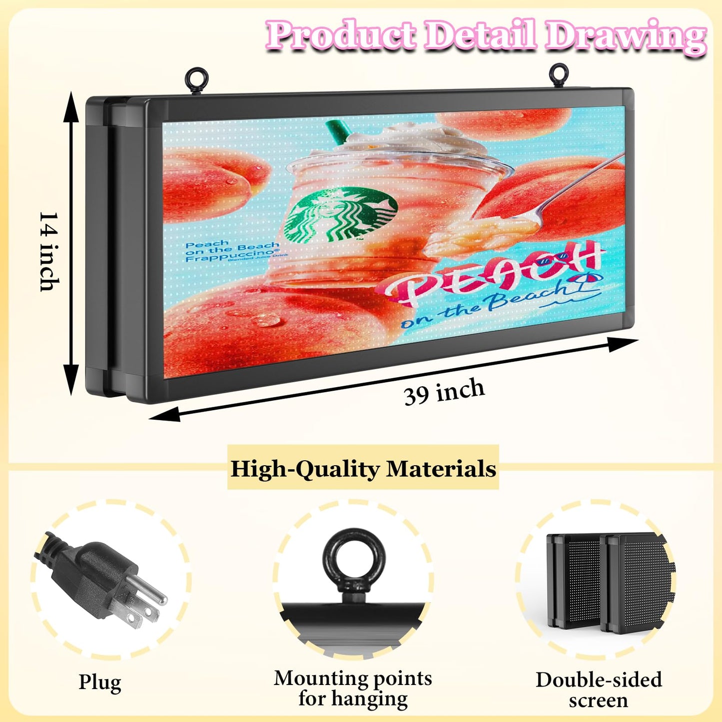 P10 39"x14" Double-Sides LED Advertising Sign Outdoor Digital Billboard with High Brightness, WiFi Programmable for Stores, HD Image/Text Display, Weatherproof & Energy Efficient