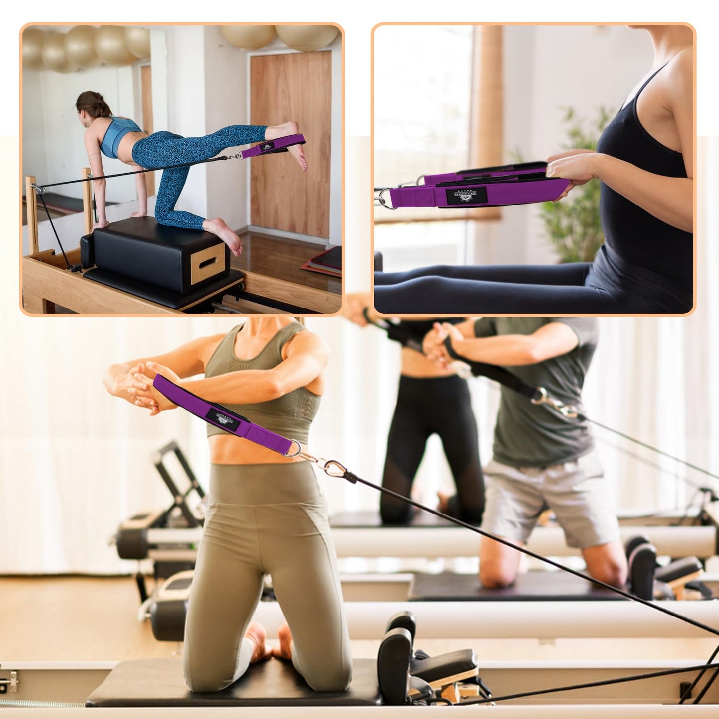 Lights Mountain Durable Pilates Double Loop D-Ring Straps - Padded Handles for Reformer, Yoga & Home Gym Workouts (Purple L)