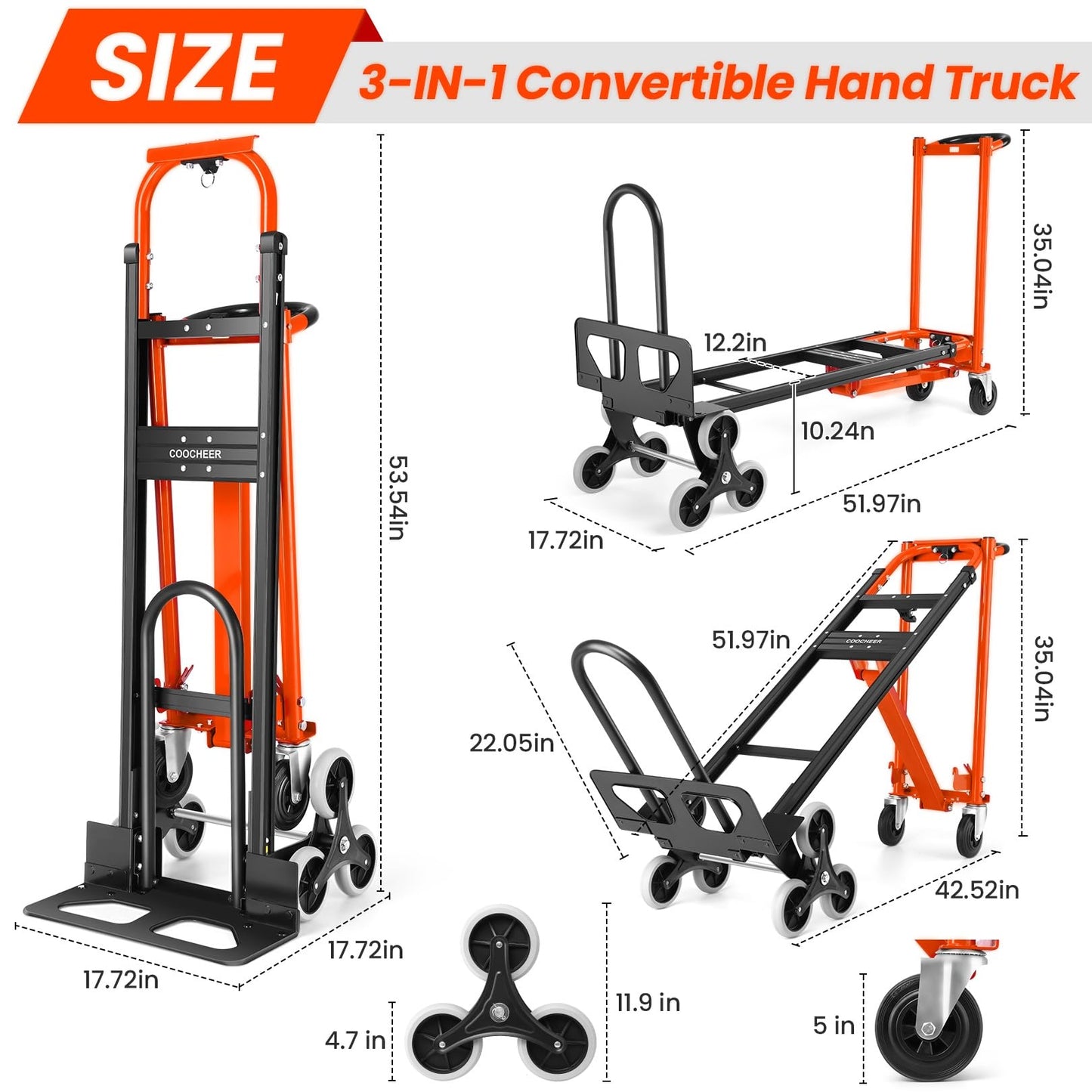 1000LBS Heavy Duty Convertible Hand Truck, 3 in 1 Aluminum Stair Climbing Dolly, Folding Hand Truck Dolly Cart with Solid Wheels for Moving/Travel/Office (Orange)