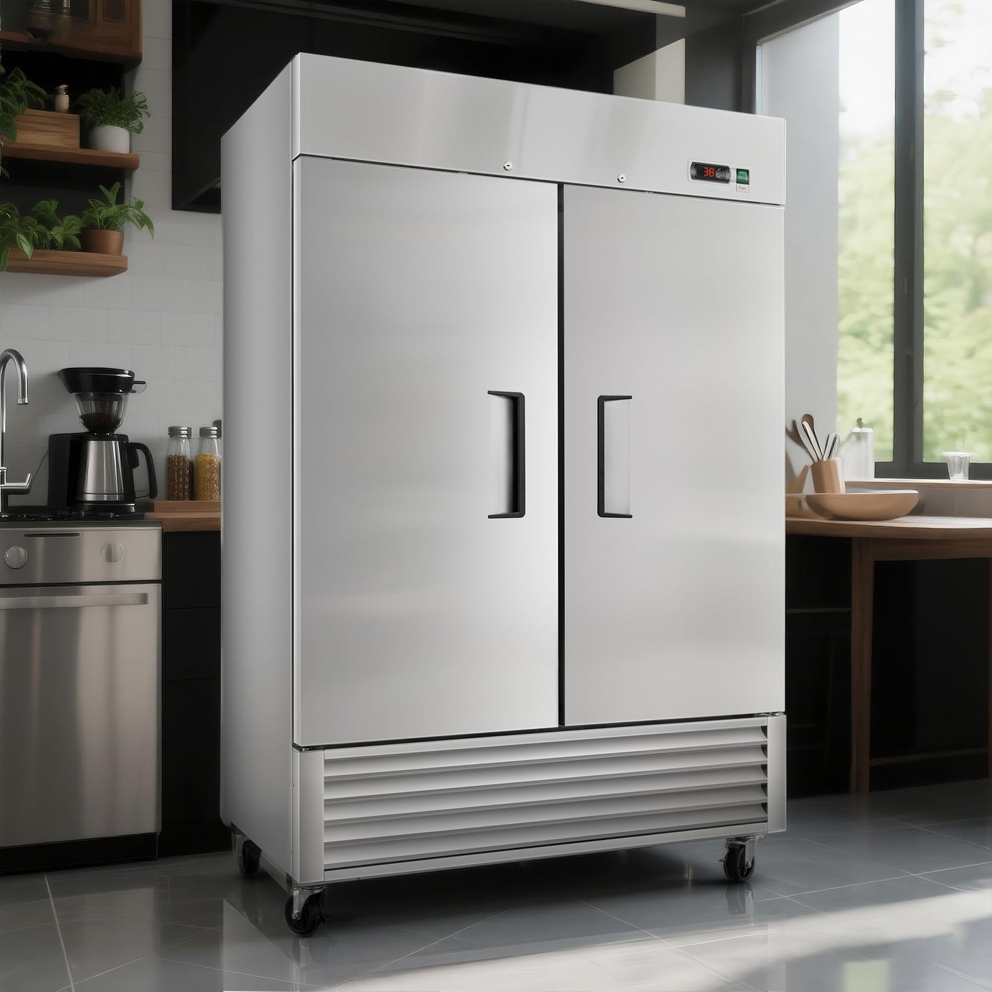 DeepTide 54" W Commercial Refrigerator with Double-Door: 49 Cubic Feet Storage, Adjustable Shelving, Automatic Defrosting, Precision Digital Thermostat, LED Lights, Safety Locks