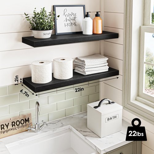 Fixwal Black Floating Shelves for Wall, 22" Long Wall Mounted Rustic Wood Shelves for Living Room, Bedroom, Bathroom and Kitchen, Wall Shelves for Storage, Books, Room Decor Set of 2