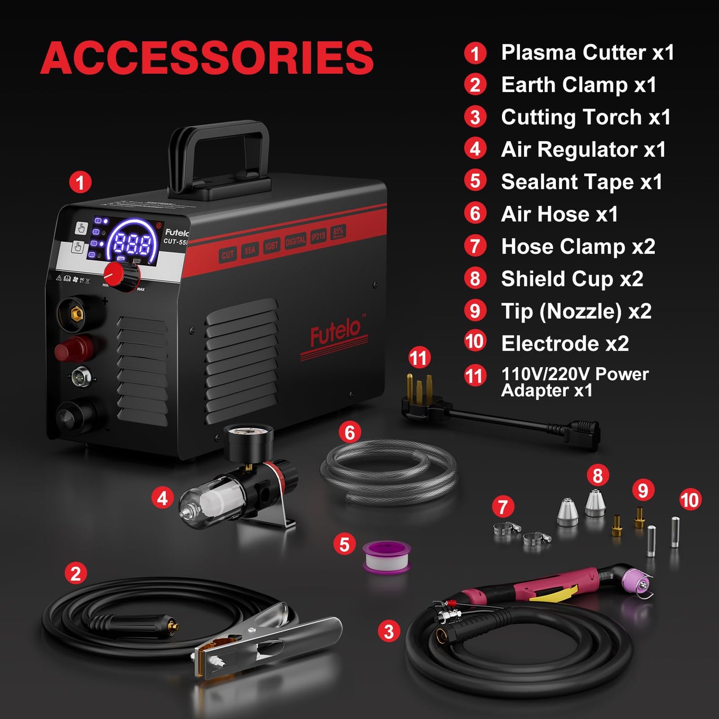 Futelo Plasma Cutter 55A, Non-Touch Pilot Arc Plasma Cutter Machine, 110V/220V Dual Voltage, Large LED Display, IGBT Inverter, 1/2” Clean Cut, Portable Plasma Cutting Equipment