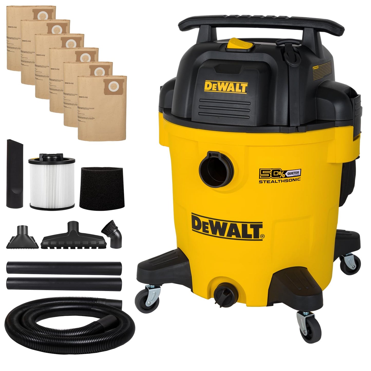 DEWALT 12 Gallon STEALTHSONIC Shop Vacuum Wet and Dry, 5.5 Peak HP Ultra Quiet Shop Vac with Powerful Suction, Wet Dry Vacuum Cleaner DXV12P-QTE with 6 Dust Bags for Jobsite, Garage, Workshop & Auto