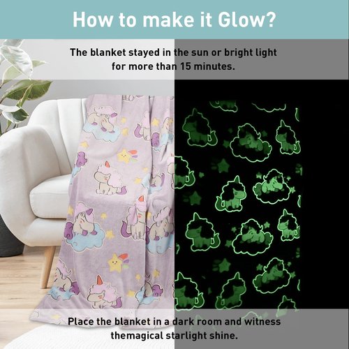 BYKOSY Glow in The Dark Blanket Unicorn Pattern for Unique Birthday Gifts for Girls Boys Teens, Lightweight Soft Cozy Warm Fuzzy 50"×60" Purple