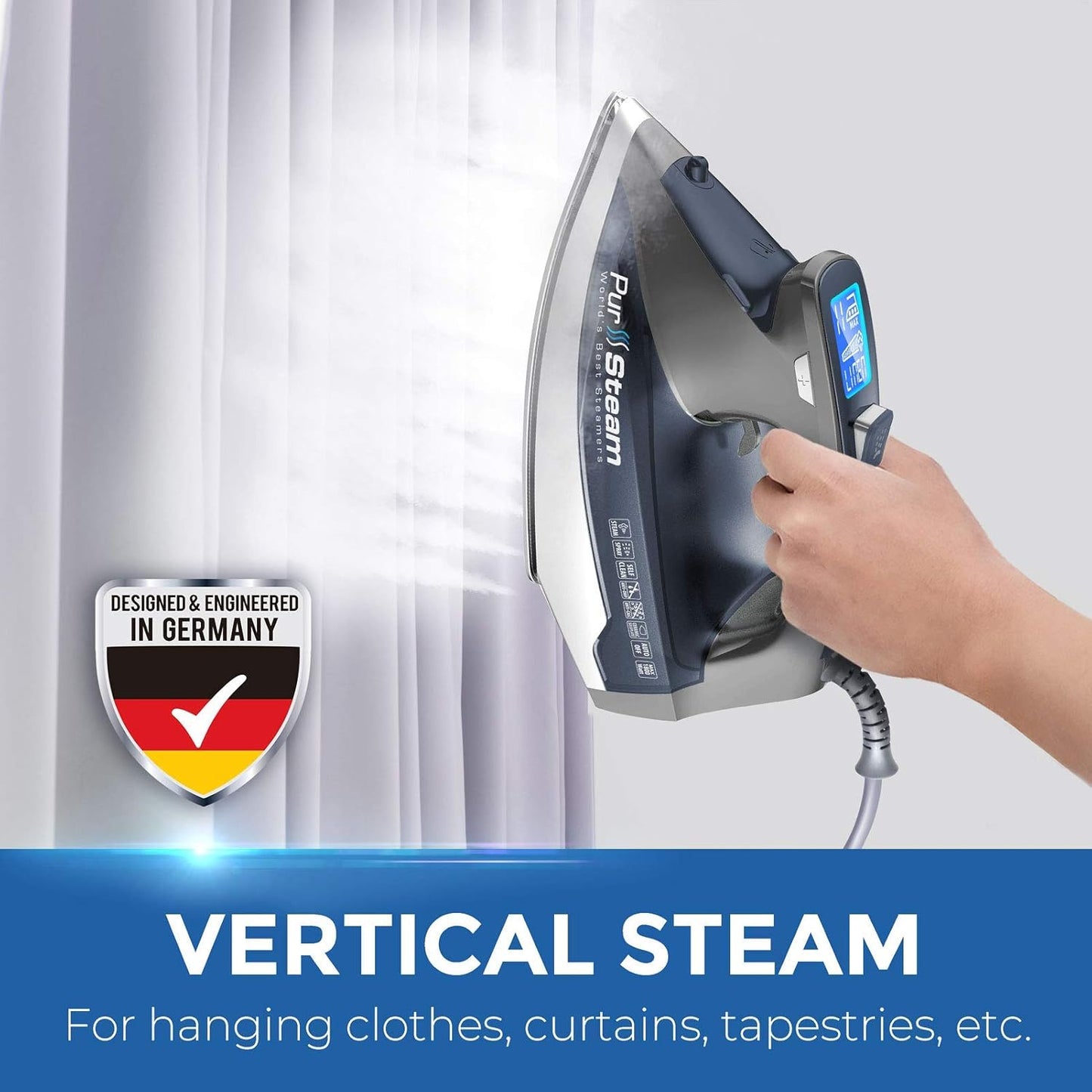 Pursteam Steam Iron - 1800W Power, LCD Screen, Nonstick Ceramic Soleplate | Auto Shutoff & Self-Cleaning