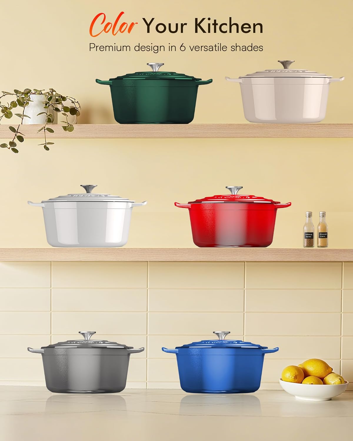 Nuwave 6QT Enameled Cast Iron Dutch Oven - Heavy Duty, Dual Handles, Oven Safe to 500°F for Baking & Roasting