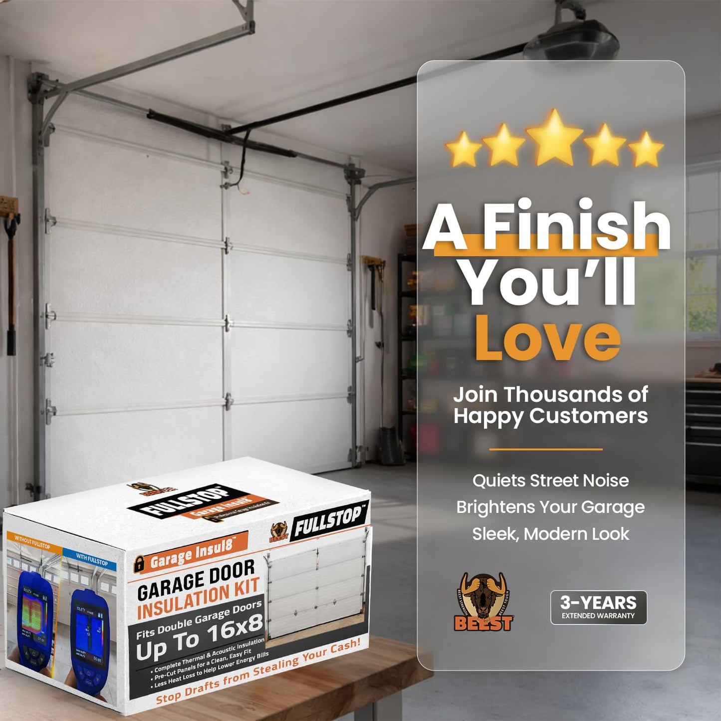 BEEST FULLSTOP Garage Door Insulation Kit - 16x7 & 16x8ft Double Garage Door Insulation Panels - 16 Pre-Cut 24x48 Foam-Core Panels w/ Tape, Cutter & Squeegee - Easy DIY For Instant Temperature Control