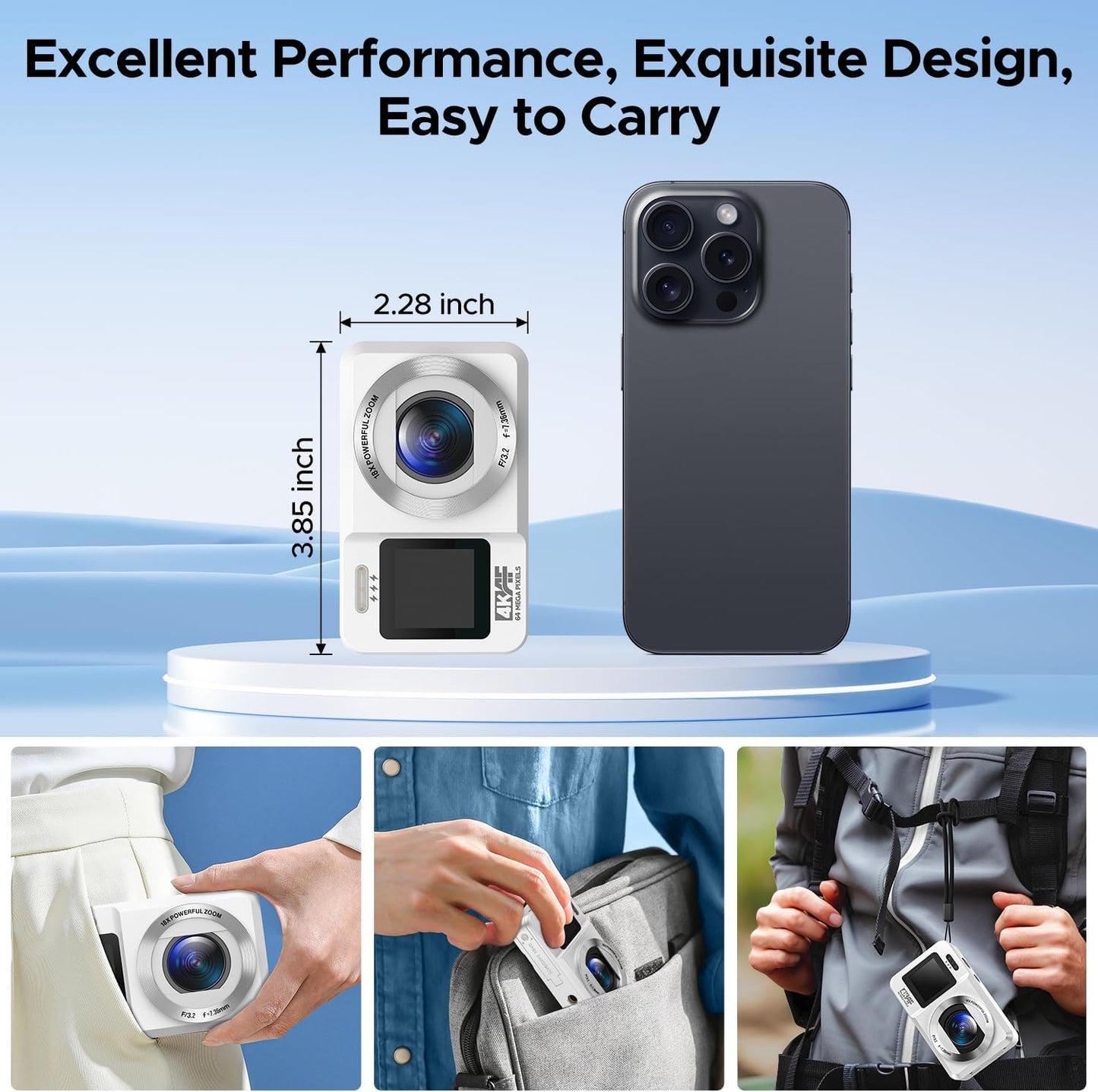 CAMWORLD 4K 64MP 18X 32GB Digital Camera, UHD Dual Screens Camera, Digital Zoom, Portable Point and Shoot Camera