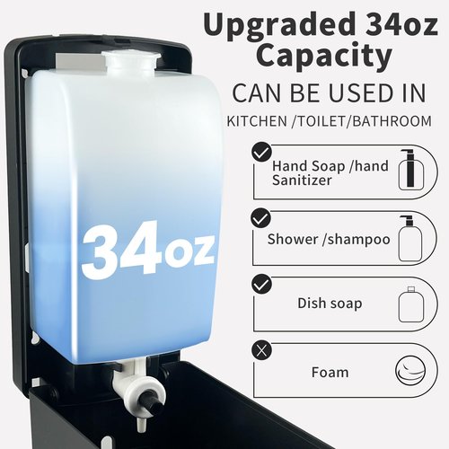 33.8oz Wall Mount Hand Soap Dispenser, Commercial Grade No-Drip Soap Dispenser for Kitchen, Bathroom,Liquid Soap,Hand Sanitizer, Drill or Adhesive Mount, with Visible Window & Funnel, for Hotel