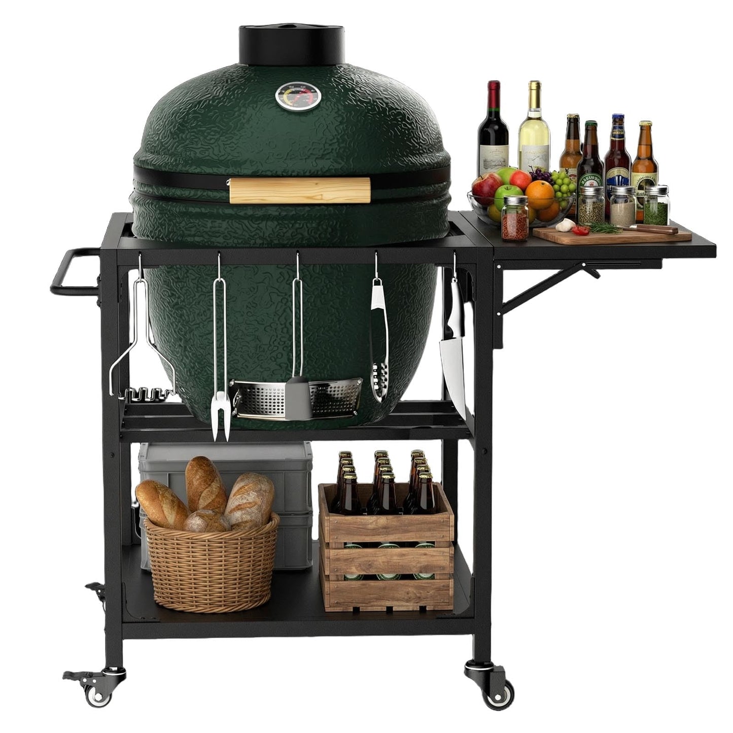 Outdoor Grill Table for Big Green Egg, Heavy Duty Metal Cart Prep Table with Wheels, Folding Panels, Storage Shelf, Hooks, Removable Central Cover, Compatible with Large Big Green Egg, Kamado Joe Jr