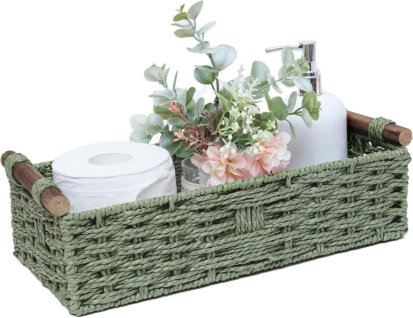 Skiennix Round Paper Rope Storage Basket - Decorative Wicker Organizer with Handle | Green, Small Size