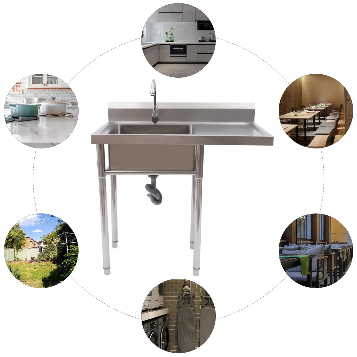 Free Standing Single Bowl Sink,Commercial Restaurant Kitchen Sink Set w/Faucet&Drainboard,1 Compartment Utility Washing Hand Basin w/Workbench&Storage Shelves for Indoor Outdoor (One Bowl)