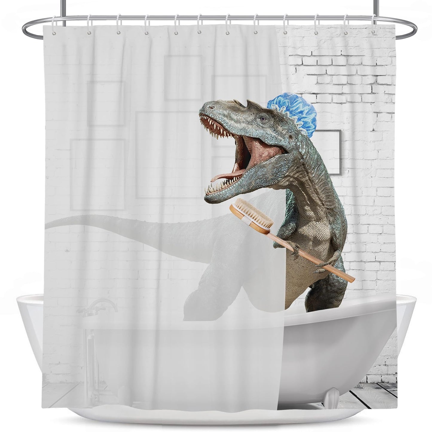 Coxila Kids Dinosaur Shower Curtain Funny Fun Dino Boy Cute Unique Toddler Adult Cartoon Silly Crazy Novelty Weird Cool Anime Monster Blue Bathroom 60 x 72 Inch Polyester Fabric 12 Pack Plastic Hooks