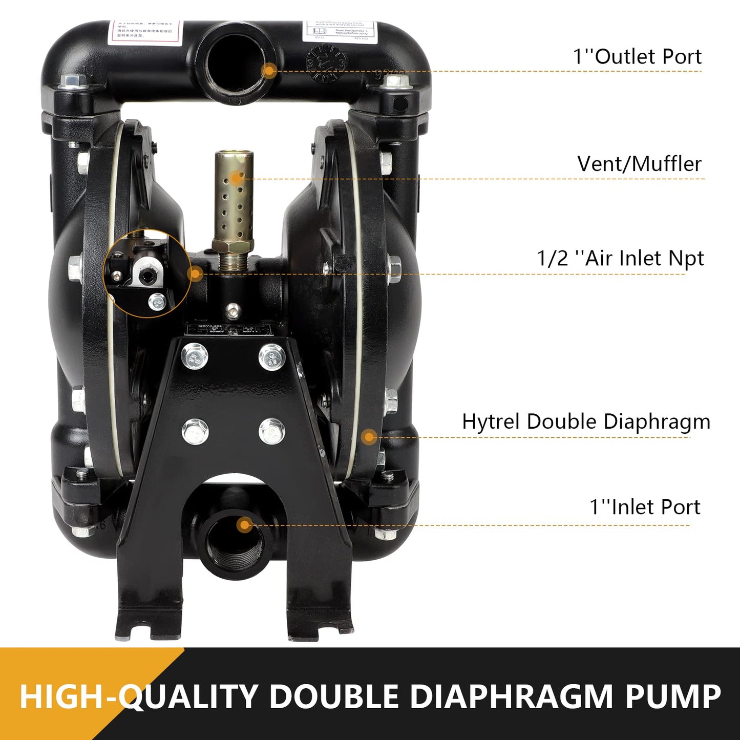 Air Operated Double Diaphragm Pump QBY4-25L 1 inch Outlet 35 GPM Pneumatic Transfer Max 120 PSI Industrial Use Chemical Waste Oil Dual Dissepiment Nitrile Fluorine Rubber by Cast Iron Aluminum Alloy