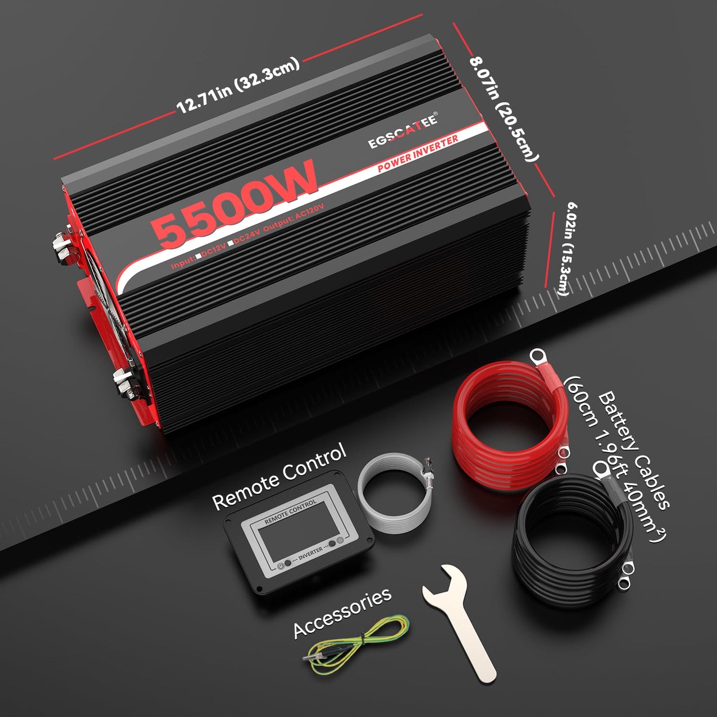 5500W Power Inverter 12V DC to 120V AC, 11000W Peak Off-Grid Solar Converter for 12V Battery Bank, RV, Truck & Home Backup Power System, 4 AC Outlets, USB & Type-C Port, LCD Remote Controller